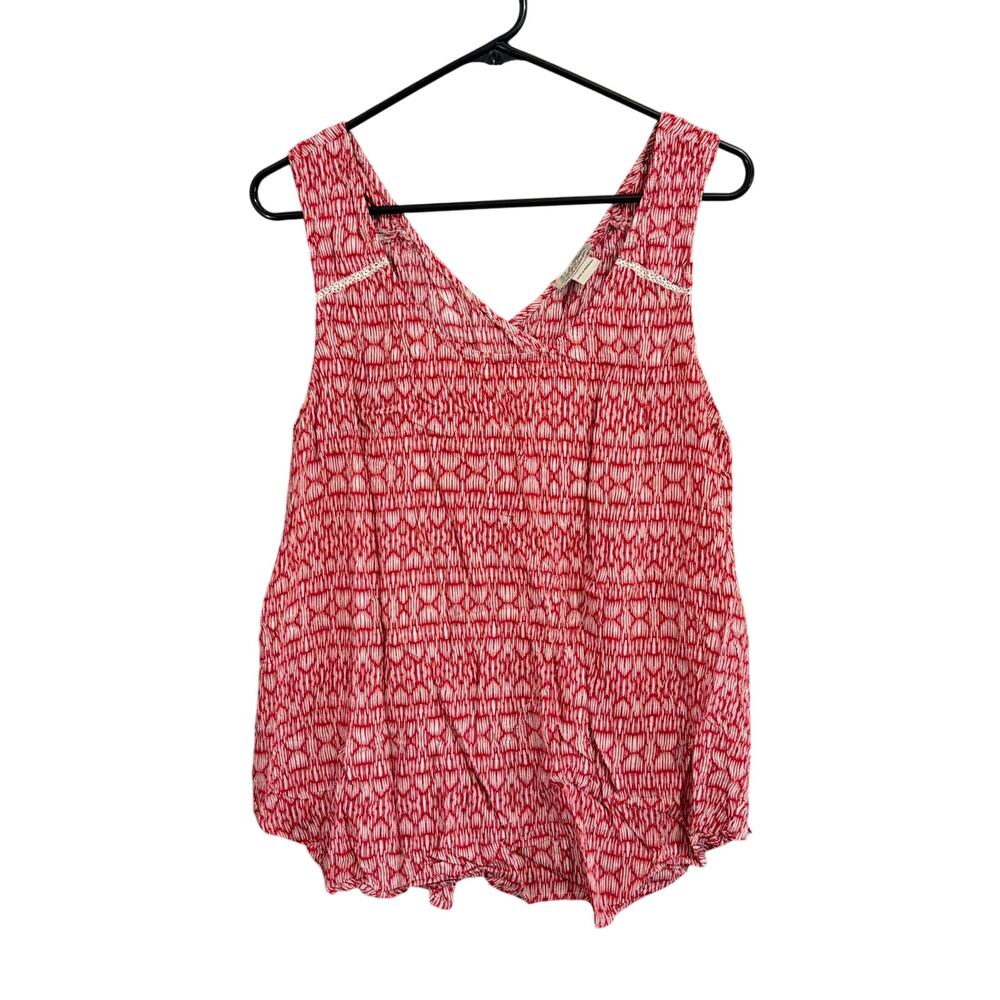 Lucky Brand Womens Shirt Red White Geometric Stripe V Neck Sleeveless Tank L